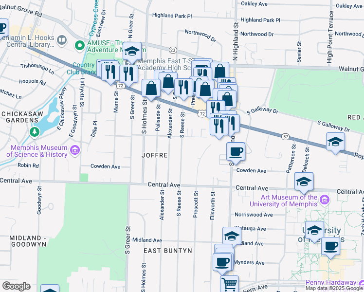 map of restaurants, bars, coffee shops, grocery stores, and more near 230 Alexander Street in Memphis