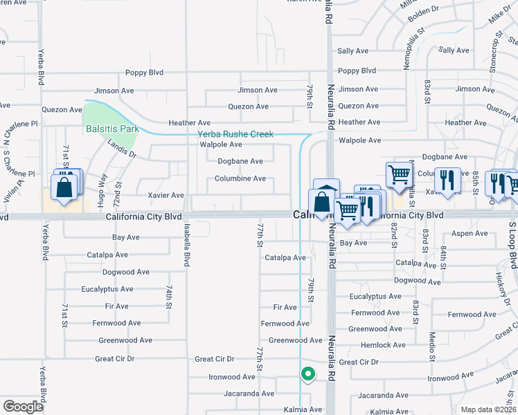 map of restaurants, bars, coffee shops, grocery stores, and more near 7725 California City Boulevard in California City