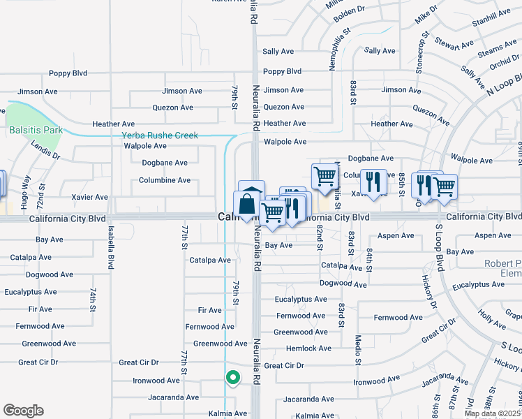 map of restaurants, bars, coffee shops, grocery stores, and more near 8001 California City Boulevard in California City
