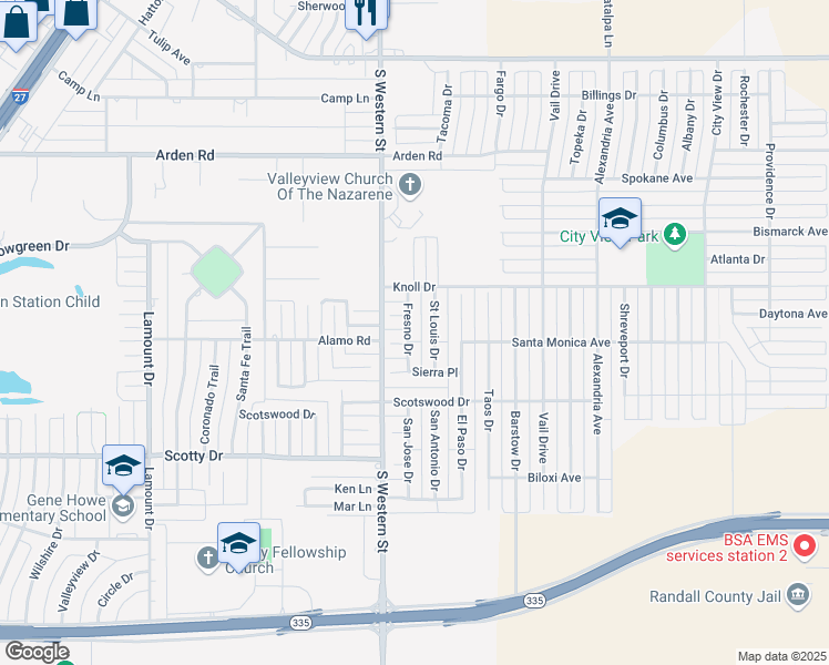 map of restaurants, bars, coffee shops, grocery stores, and more near 7905 Fresno Drive in Amarillo