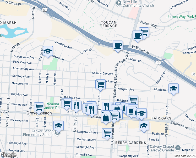 map of restaurants, bars, coffee shops, grocery stores, and more near 1575 Saratoga Avenue in Grover Beach