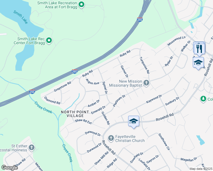 map of restaurants, bars, coffee shops, grocery stores, and more near 4512 Spinel Drive in Fayetteville