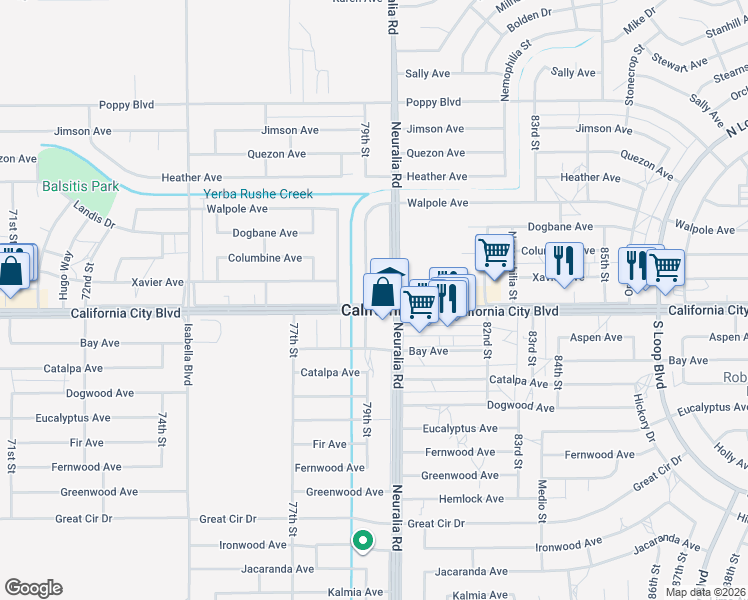 map of restaurants, bars, coffee shops, grocery stores, and more near 7900 79th Street in California City