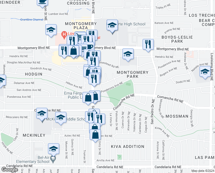 map of restaurants, bars, coffee shops, grocery stores, and more near 5301 Ponderosa Avenue Northeast in Albuquerque