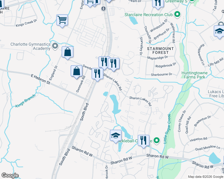 map of restaurants, bars, coffee shops, grocery stores, and more near 7915 Waterford Lakes Drive in Charlotte