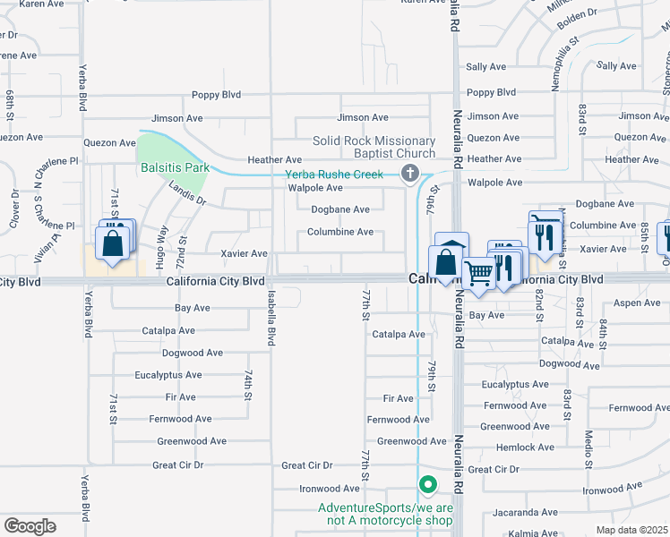 map of restaurants, bars, coffee shops, grocery stores, and more near 21001 Berry Street in California City