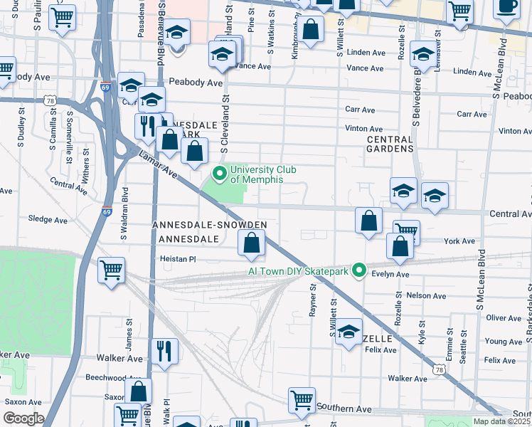 map of restaurants, bars, coffee shops, grocery stores, and more near 1437 Central Avenue in Memphis