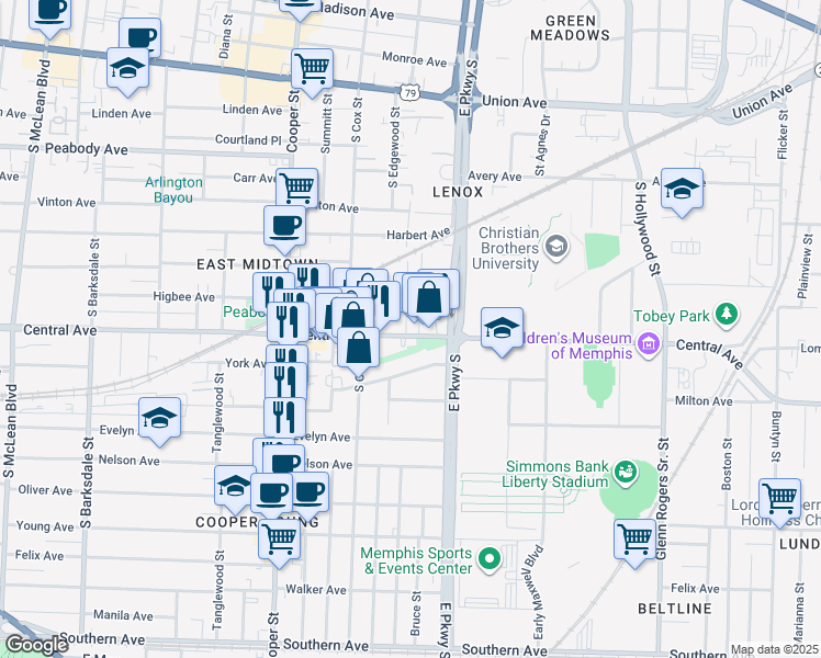 map of restaurants, bars, coffee shops, grocery stores, and more near 2259 Central Avenue in Memphis
