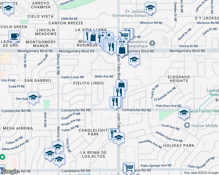 map of restaurants, bars, coffee shops, grocery stores, and more near 3818 Capistrano Court Northeast in Albuquerque