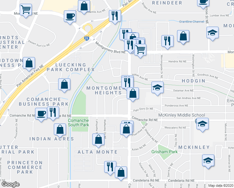 map of restaurants, bars, coffee shops, grocery stores, and more near 3909 Tulane Drive Northeast in Albuquerque