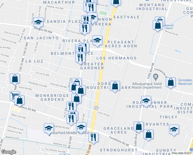 map of restaurants, bars, coffee shops, grocery stores, and more near 202 San Lorenzo Avenue Northwest in Albuquerque
