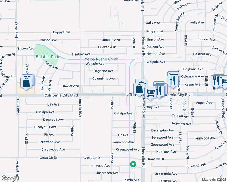 map of restaurants, bars, coffee shops, grocery stores, and more near 20948 77th Street in California City