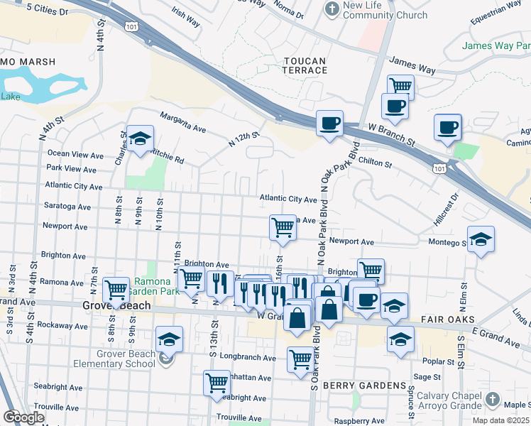map of restaurants, bars, coffee shops, grocery stores, and more near 1550 Saratoga Avenue in Grover Beach