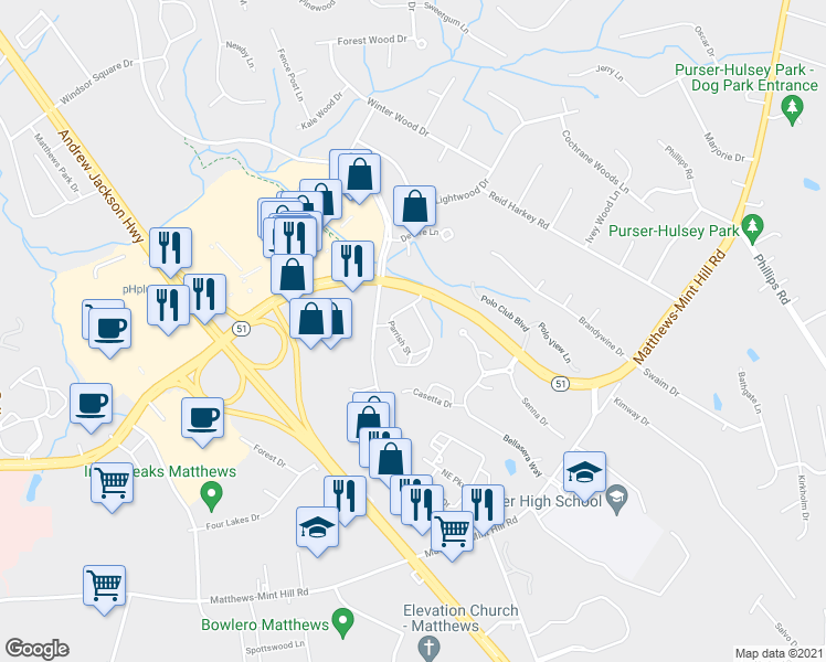 map of restaurants, bars, coffee shops, grocery stores, and more near 2730 Hayden brooke Cir in Matthews