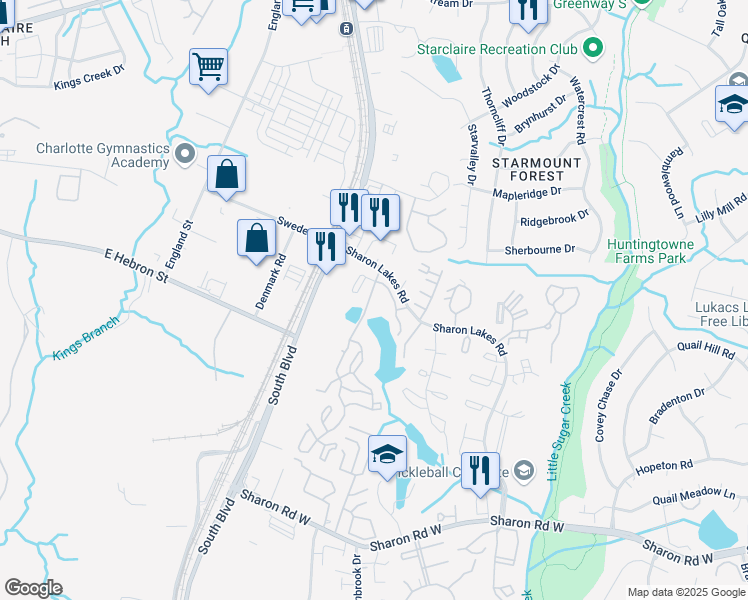 map of restaurants, bars, coffee shops, grocery stores, and more near 7915 Waterford Lakes Drive in Charlotte