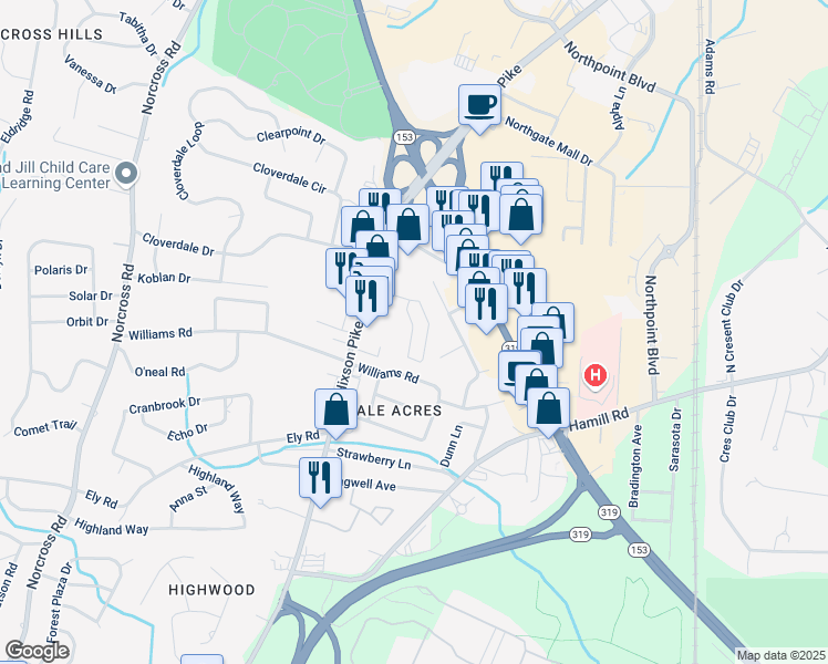 map of restaurants, bars, coffee shops, grocery stores, and more near 1664 Greendale Way in Chattanooga