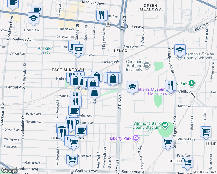 map of restaurants, bars, coffee shops, grocery stores, and more near 2259 Central Avenue in Memphis
