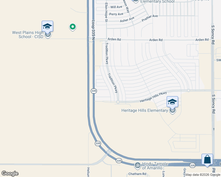 map of restaurants, bars, coffee shops, grocery stores, and more near Helium Road in Amarillo