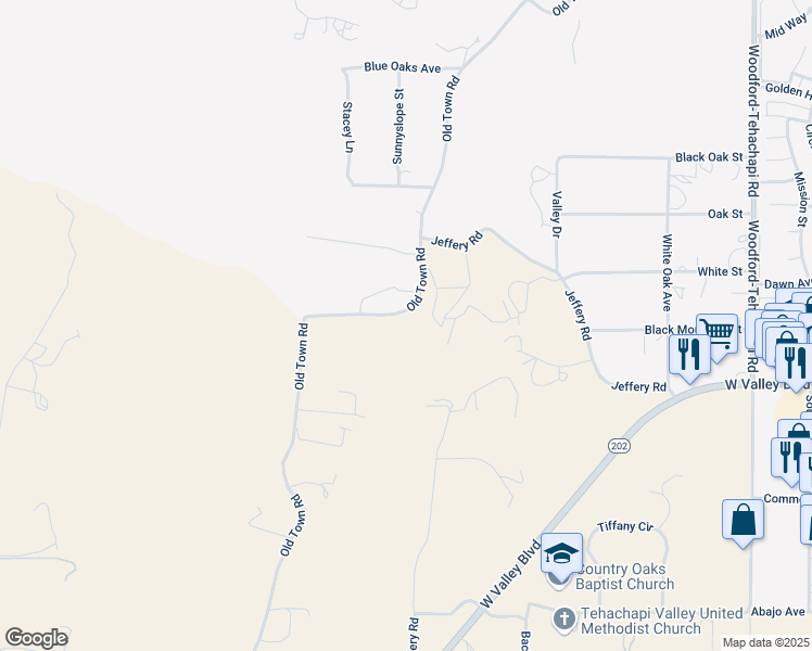 map of restaurants, bars, coffee shops, grocery stores, and more near 21192 Old Town Road in Tehachapi