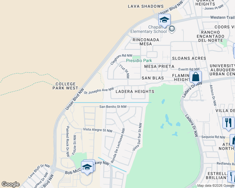 map of restaurants, bars, coffee shops, grocery stores, and more near 7304 Georgetown Avenue Northwest in Albuquerque