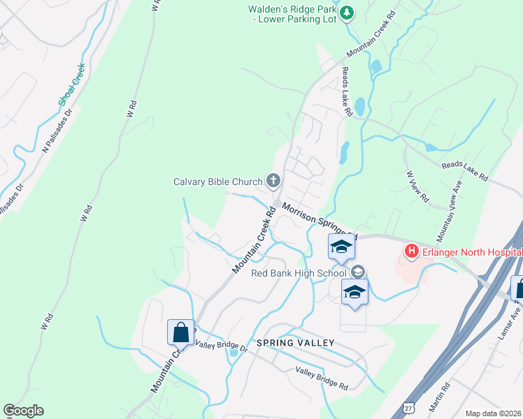 map of restaurants, bars, coffee shops, grocery stores, and more near 3813 South Quail Lane in Chattanooga
