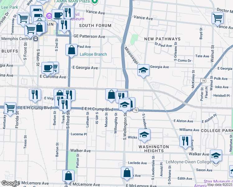 map of restaurants, bars, coffee shops, grocery stores, and more near 416 East E.H.Crump Boulevard in Memphis