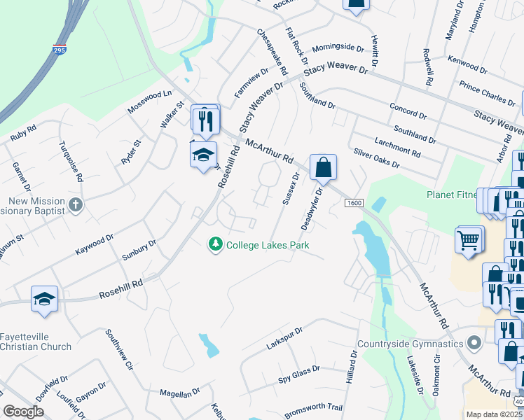 map of restaurants, bars, coffee shops, grocery stores, and more near 2610 McArthur Landing Circle in Fayetteville
