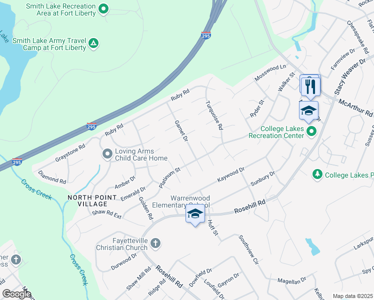 map of restaurants, bars, coffee shops, grocery stores, and more near 4409 Garnet Drive in Fayetteville