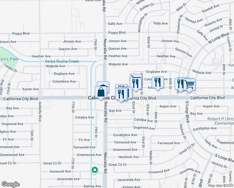 map of restaurants, bars, coffee shops, grocery stores, and more near 8047 California City Boulevard in California City