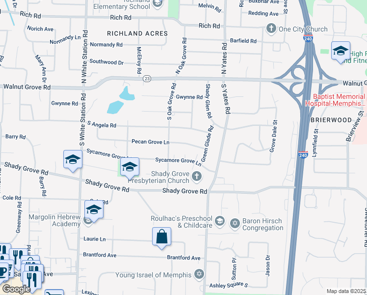map of restaurants, bars, coffee shops, grocery stores, and more near 5506 Sycamore Grove Lane in Memphis