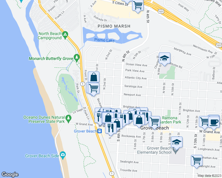 map of restaurants, bars, coffee shops, grocery stores, and more near 459 North 3rd Street in Grover Beach