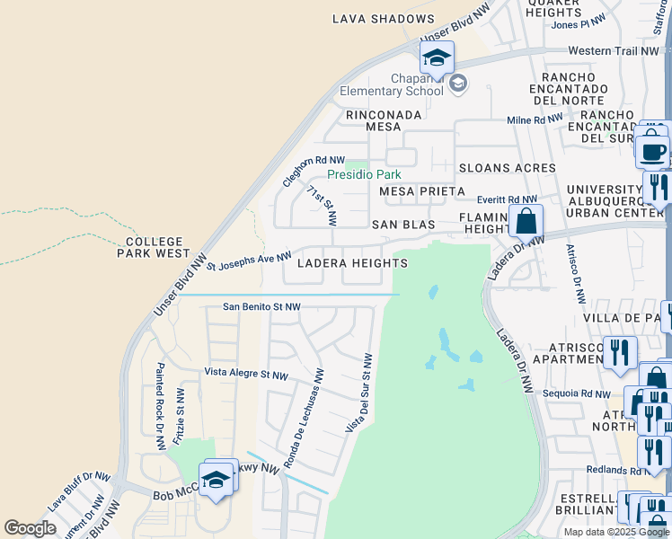 map of restaurants, bars, coffee shops, grocery stores, and more near 6912 Georgetown Avenue Northwest in Albuquerque