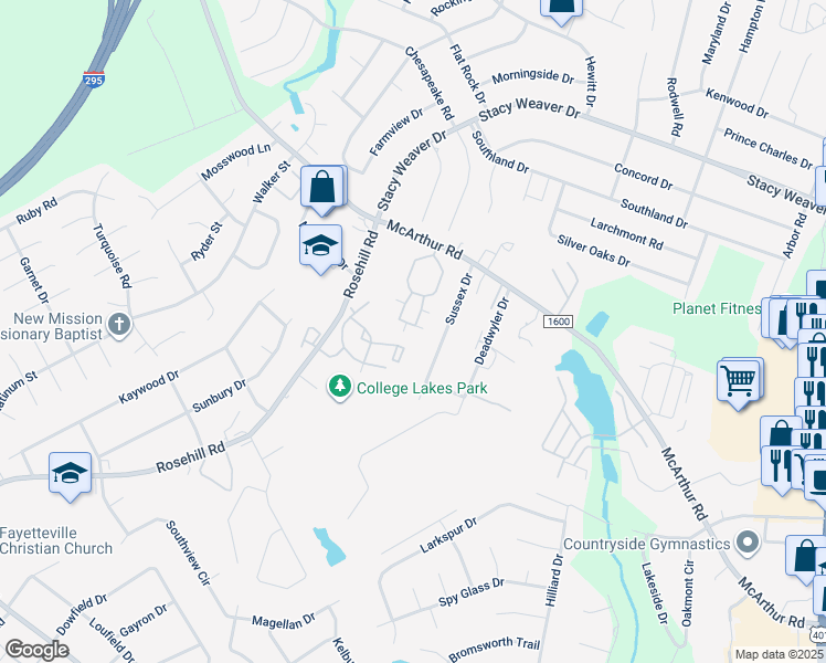 map of restaurants, bars, coffee shops, grocery stores, and more near 2610 McArthur Landing Circle in Fayetteville