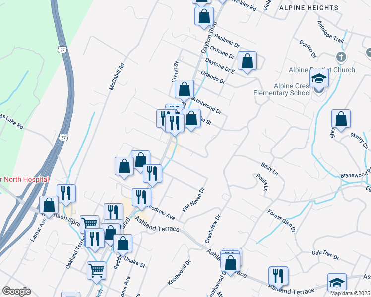 map of restaurants, bars, coffee shops, grocery stores, and more near 122 Valley View Avenue in Chattanooga