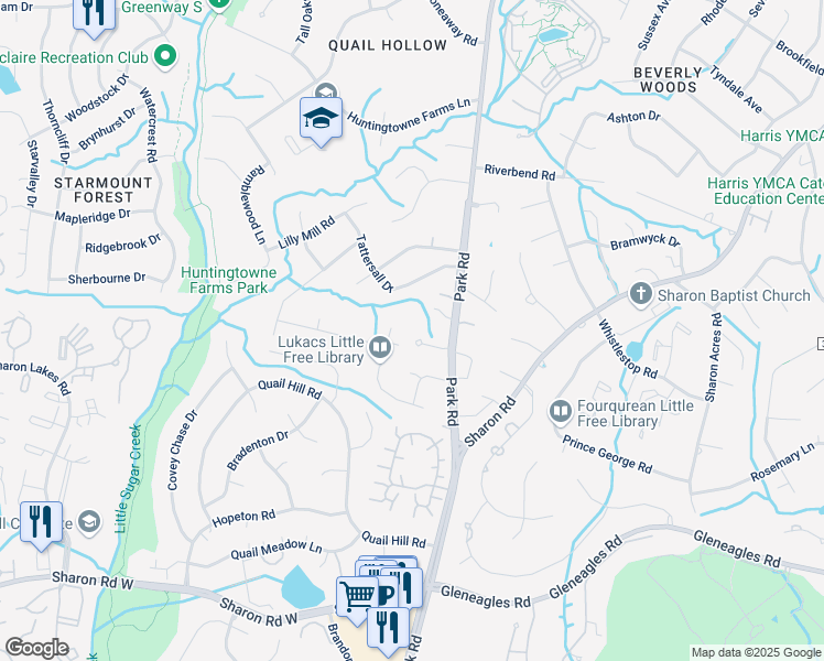 map of restaurants, bars, coffee shops, grocery stores, and more near 7726 Park Road in Charlotte