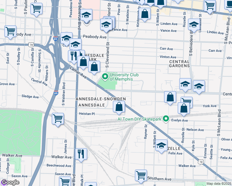 map of restaurants, bars, coffee shops, grocery stores, and more near 1387 Central Avenue in Memphis
