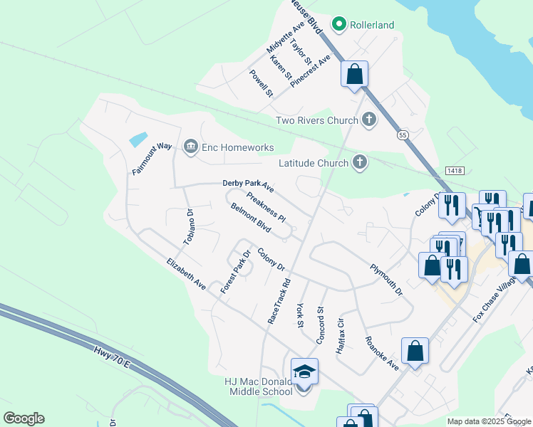 map of restaurants, bars, coffee shops, grocery stores, and more near 3415 Preakness Place in New Bern
