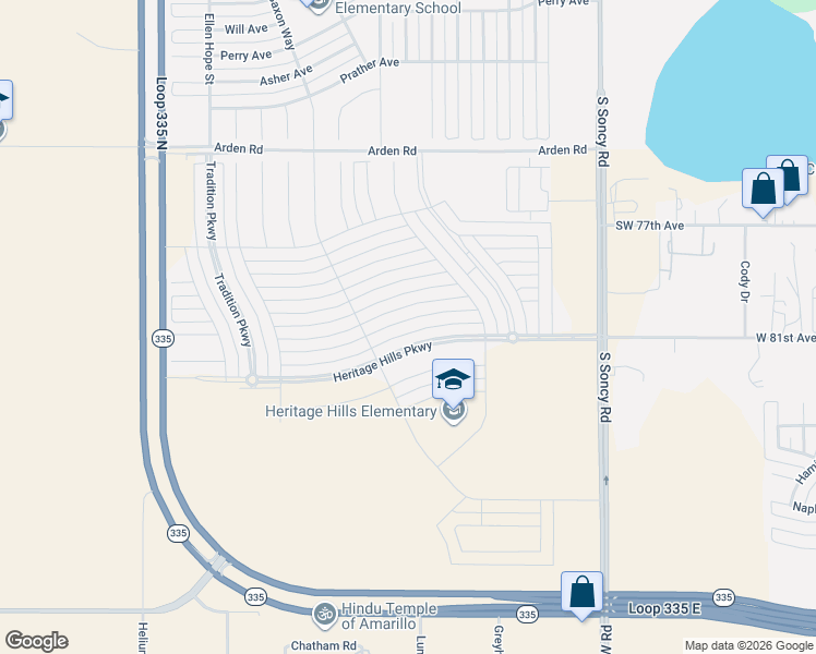 map of restaurants, bars, coffee shops, grocery stores, and more near 9309 Rockwood Drive in Amarillo