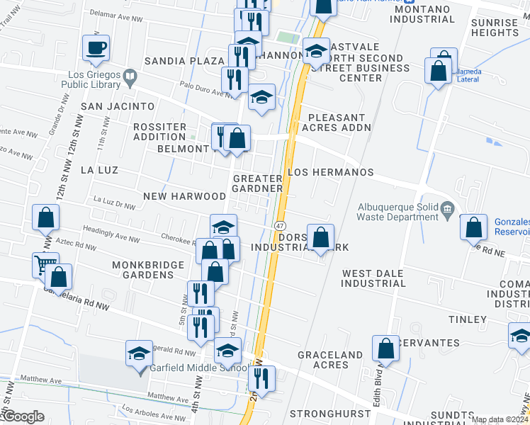map of restaurants, bars, coffee shops, grocery stores, and more near 219 San Clemente Avenue Northwest in Albuquerque