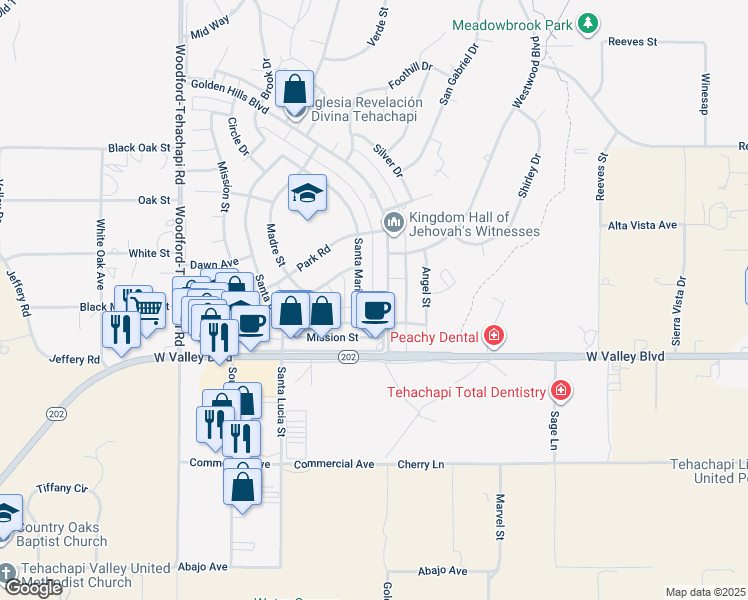 map of restaurants, bars, coffee shops, grocery stores, and more near 21201 Golden Hills Boulevard in Tehachapi