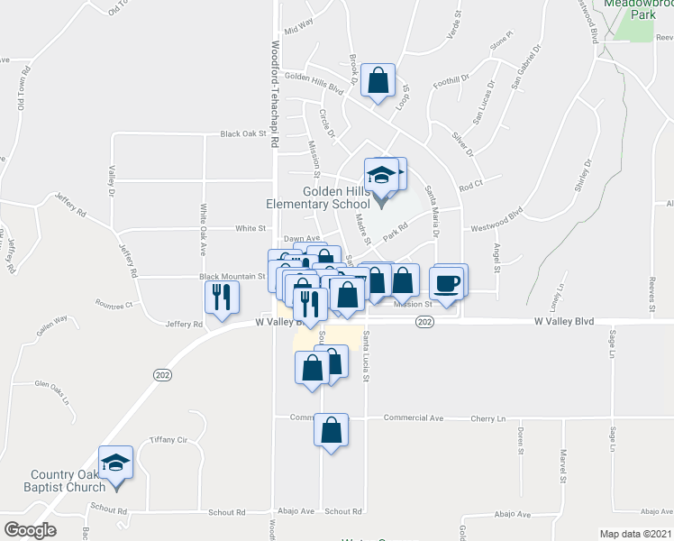 map of restaurants, bars, coffee shops, grocery stores, and more near 21201 Mission Street in Tehachapi