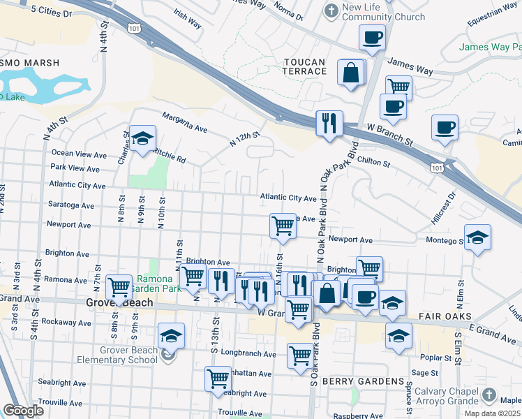 map of restaurants, bars, coffee shops, grocery stores, and more near 1549 Atlantic City Avenue in Grover Beach