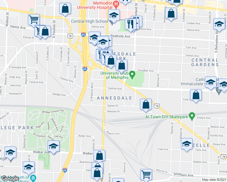 map of restaurants, bars, coffee shops, grocery stores, and more near 1274 Central Avenue in Memphis