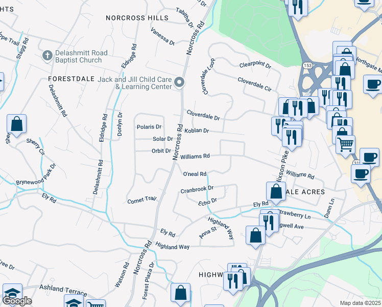 map of restaurants, bars, coffee shops, grocery stores, and more near 1411 Williams Road in Chattanooga