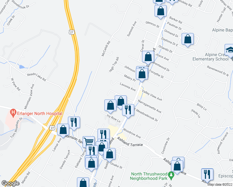 map of restaurants, bars, coffee shops, grocery stores, and more near 121 Pinehurst Avenue in Chattanooga