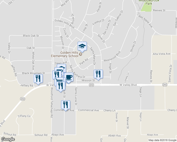 map of restaurants, bars, coffee shops, grocery stores, and more near 21225 Campo Court in Tehachapi