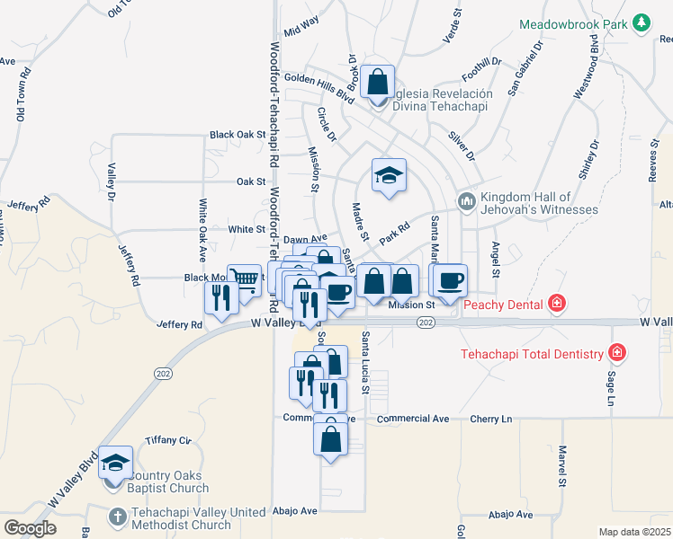 map of restaurants, bars, coffee shops, grocery stores, and more near 21120 Mission Street in Tehachapi