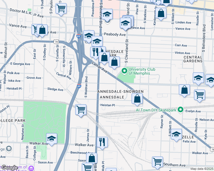 map of restaurants, bars, coffee shops, grocery stores, and more near 1261 Central Avenue in Memphis