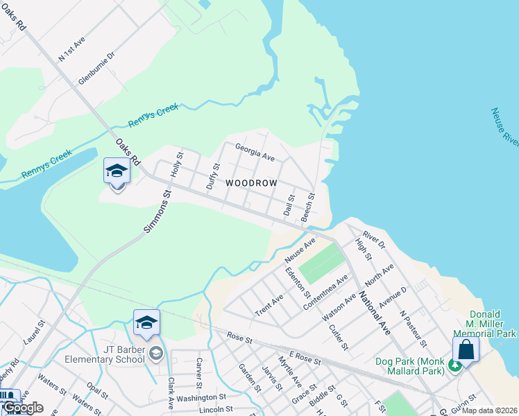 map of restaurants, bars, coffee shops, grocery stores, and more near 2200-2298 Alabama Ave in New Bern