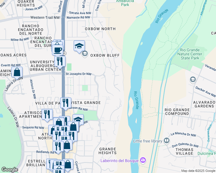 map of restaurants, bars, coffee shops, grocery stores, and more near 3912 Oxbow Village Lane Northwest in Albuquerque